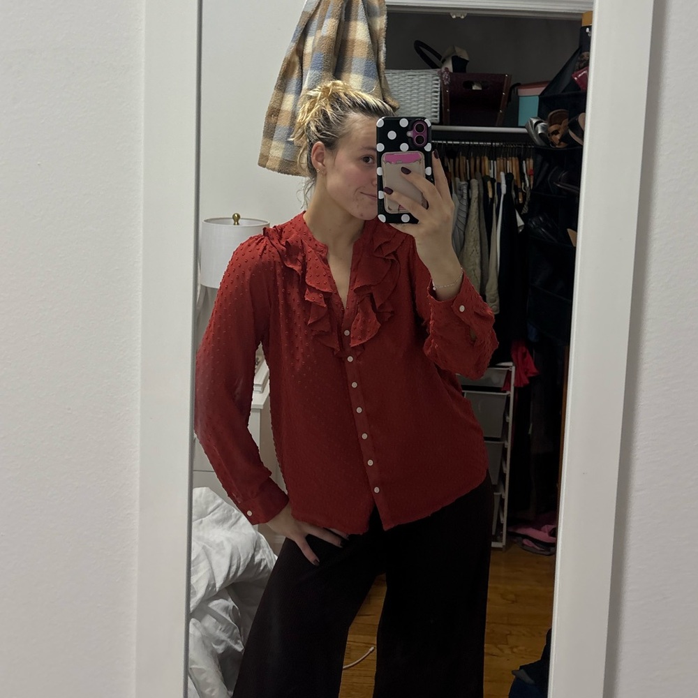 J. Crew Deep Red Ruffled Blouse - Picture 3 of 4